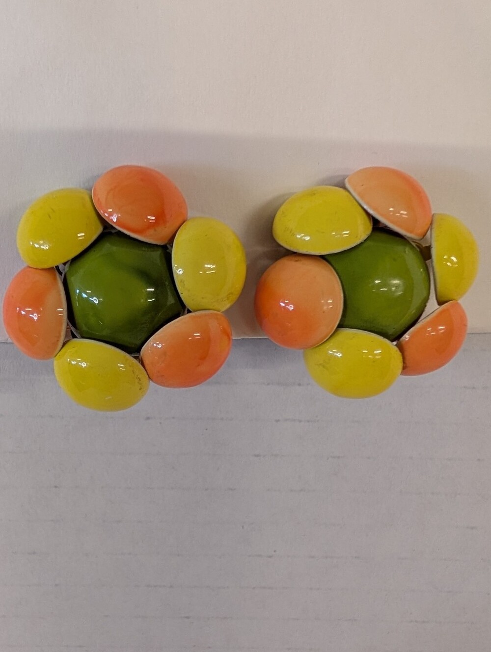 Vintage Earrings Flowers Green, Yellow & Orange Metal Clip 1960s